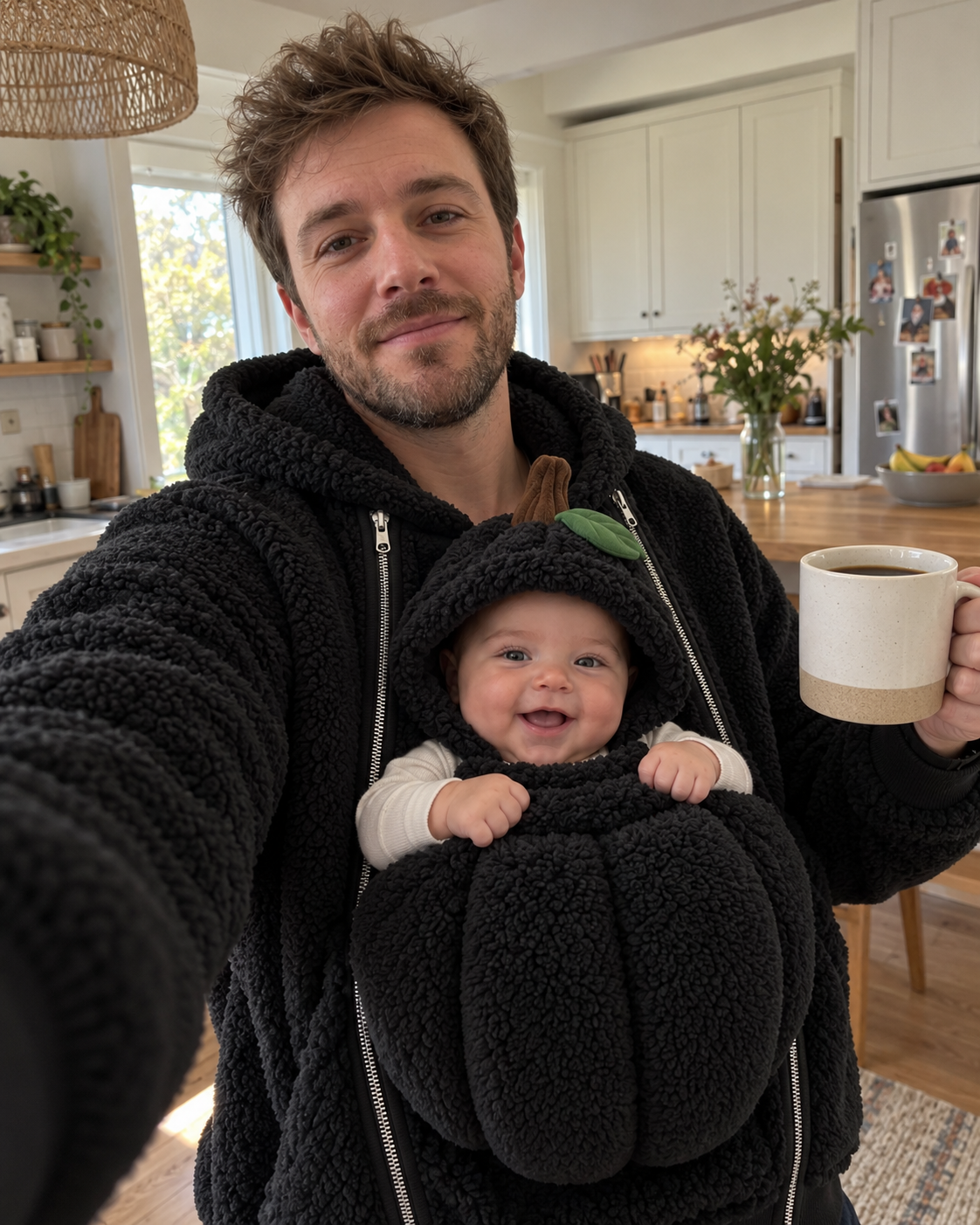 Dad wearing the black Pumpkin Pouch Hoodie with his baby in the pumpkin pouch