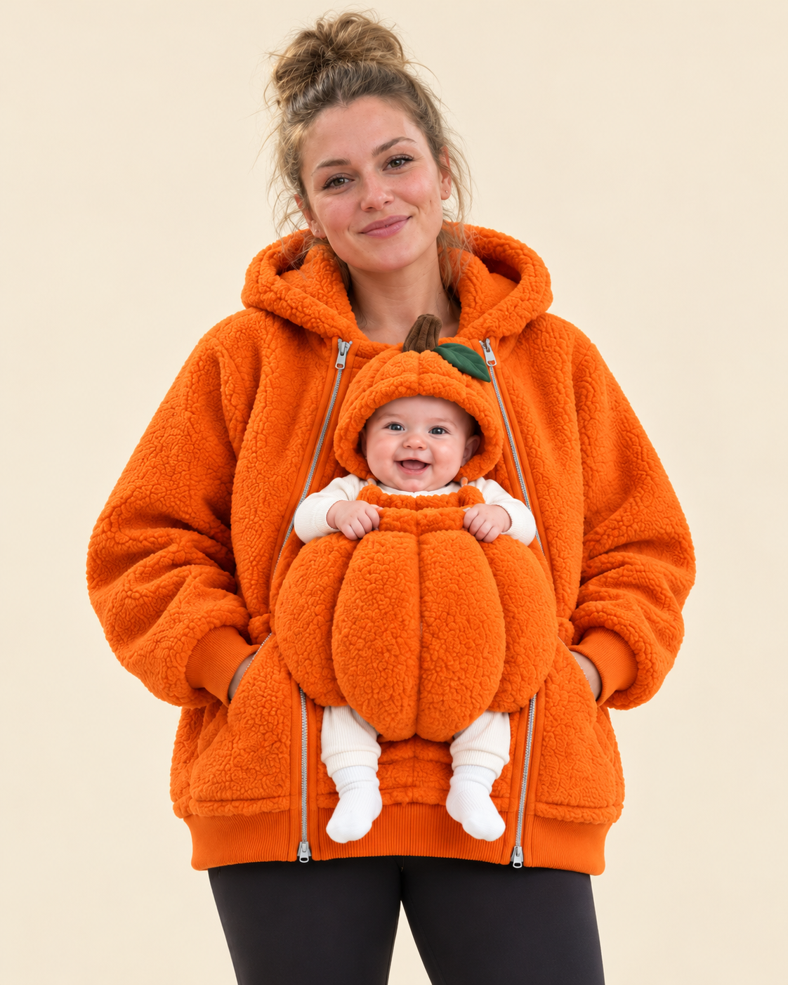 Mum wearing the orange Pumpkin Pouch Hoodie with her baby in the pumpkin pouch