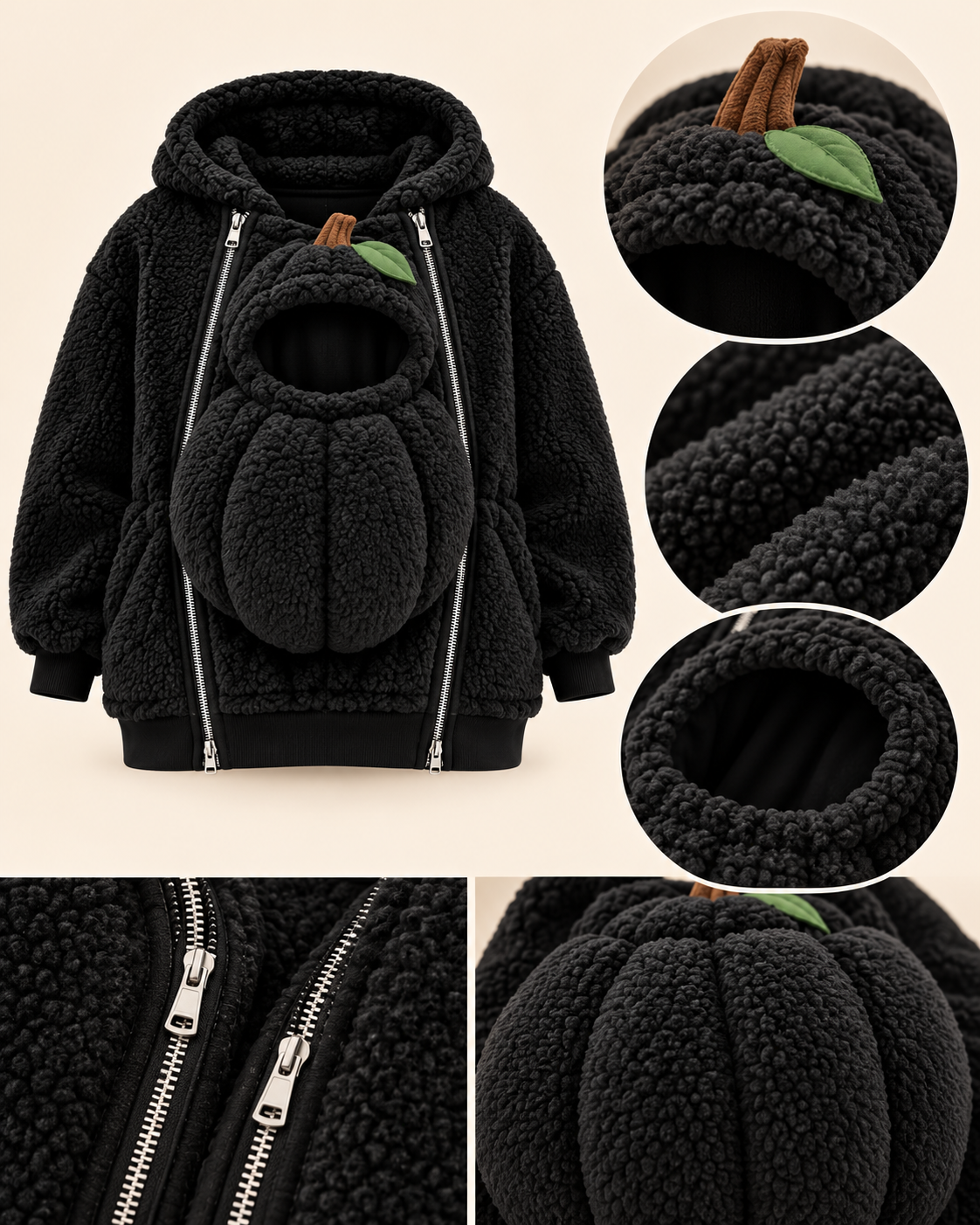 Black Pumpkin Pouch Hoodie close-up details: pumpkin hood, teddy fleece and double zips