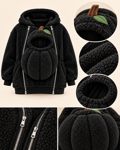 Black Pumpkin Pouch Hoodie close-up details: pumpkin hood, teddy fleece and double zips