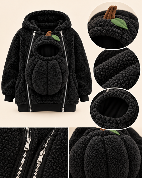Black Pumpkin Pouch Hoodie close-up details: pumpkin hood, teddy fleece and double zips