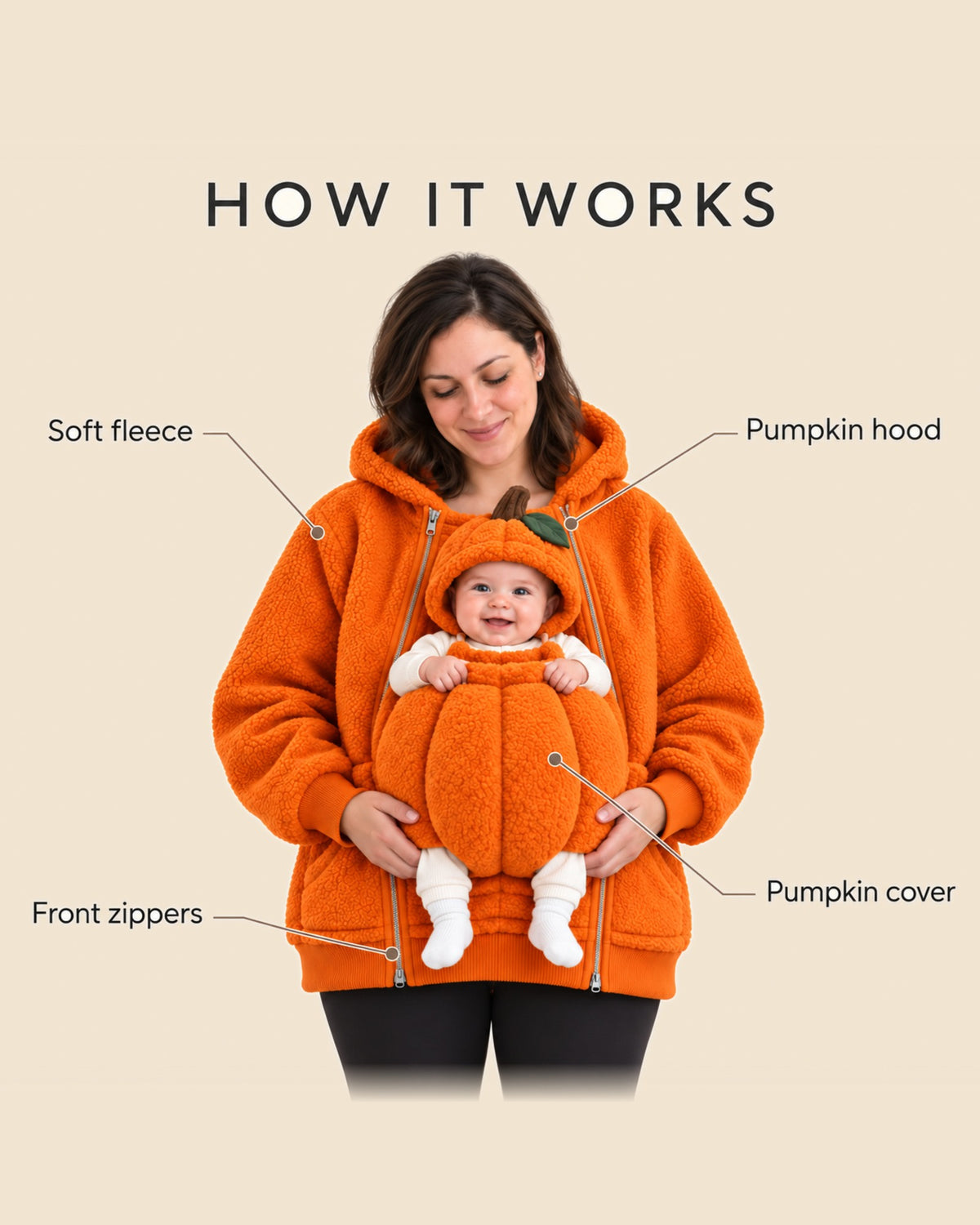 How the Pumpkin Pouch Hoodie works: soft fleece, pumpkin hood, pumpkin cover and front zippers